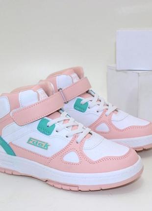 Дитячі демісезонні рожево-білі черевики з липучкою та бірюзовими акцентами, хайтопи дитячі, високі кросівки на липучках