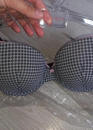 Шикарный фирменный бюстгалтер esprit 75a push-up в серо-черно-розовом цвете.