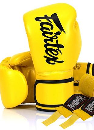 Боксерські рукавиці fairtex bgv14 yellow 10 унцій (бинти в комплекті)