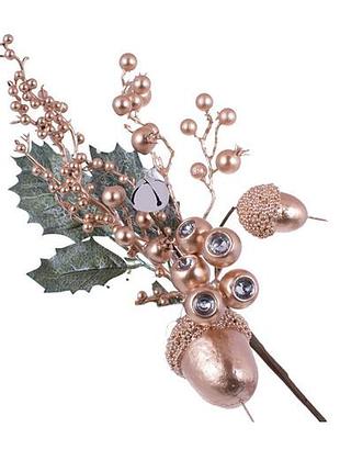 Ветка из листьев, жолудей и золотых ягод с кристалом, 40см - 12 шт упаковка товар от производителя
