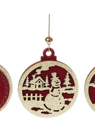 Новорічний підвісний декор з бордовим оксамитом, 7,3 см, 3 дизайни - 12 шт упаковка товар від виробника