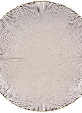 Тарелка стекклянная d21см, цвет - дымчатый серый с золотым ободком товар от производителя