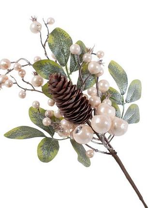 Декоративна гілка з листя та ягід з кристалом, колір: шампань, 36см - 12 шт упаковка товар від виробника