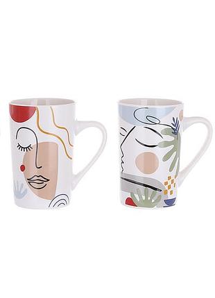 Кружка фарфоровая 385мл face, 4 дизайна - 12 шт упаковка товар от производителя