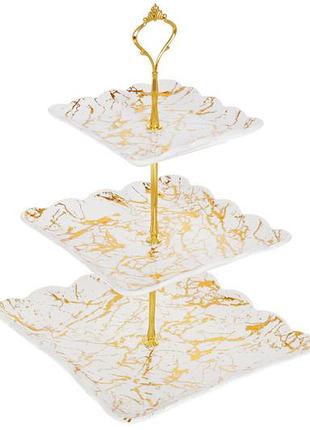 Этажерка фарфоровая трехъярусная квадратная мраморная роскошь 37см, цвет - белый с товар от производителя