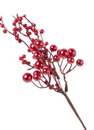 Декоративна гілка з червоними перламутровими ягодами, 25см - 12 шт упаковка товар від виробника