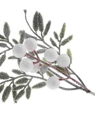 Гілка з листям та ягодами в гліттері 35см, колір - зелень з білими - 12 шт упаковка товар від виробника