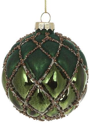 Ялинкова куля з декором з бісеру 8см, колір - зелений товар від виробника