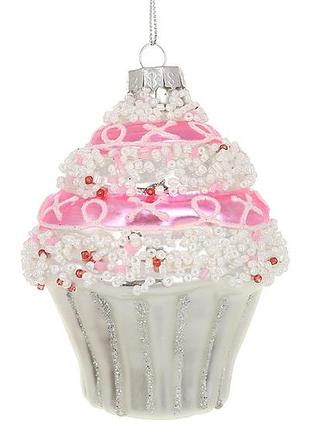 Елочное украшение в виде пирожного 8*11см, цвет - серебро с розовым товар от производителя
