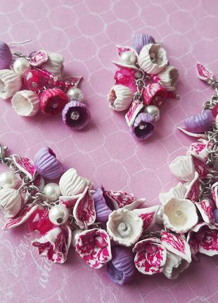 Комплект серьги браслет набор цветы колокольч сирен розов полимерн handmade лот набор