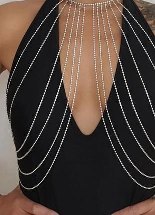 Многослойное нательное колье со стразами боди-чейн 1248