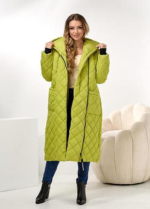 Куртка жіноча зелена лайм довга міді з капюшоном стьобана осіння весняна літня