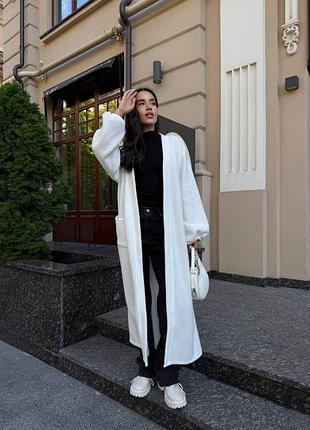 Длинный кардиган из альпаки с объемными рукавами с накладными карманами