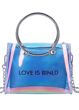 Жіноча класична прозора сумочка на ланцюжку круглі ручки love is binld голографічна сіра