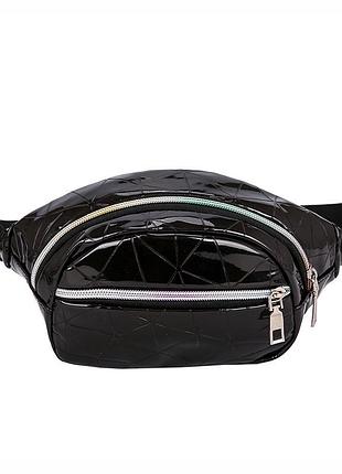 Жіноча дитяча голографічна блискуча бананка на два відділу "павутинка" чорного кольору