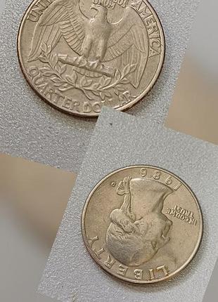 Редкая монета четверть доллара сша 1986 перевёртыш quarter dollar washington d