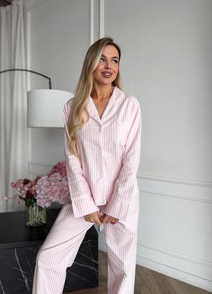 Рожева смугаста піжама з фланелі з брюками і сорочкою на гудзиках