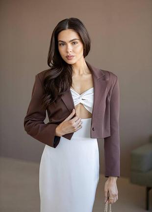 Жіночий укорочений короткий піджак жакет у класичному діловому стилі коричневий шоколад шоколадний