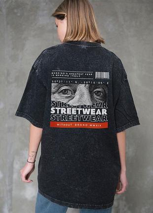 Женская вываренная оверсайз футболка without washed черная с принтом streetwear хлопковая