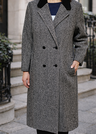 Классическое, длинное, шерстяное пальто в гусиную лапку