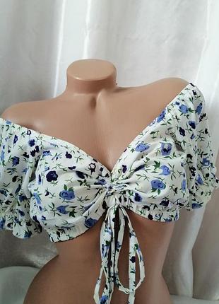 Літній топ квітковий принт рукав ліхтарик відкриті плечі