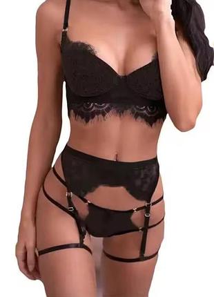 Еротична жіноча білизна з мереживом: комплект 3-в-1 (бюстгальтер, трусики, пояс для панчох) — сексуальний набір мереживної білизни для жінок xs s m l