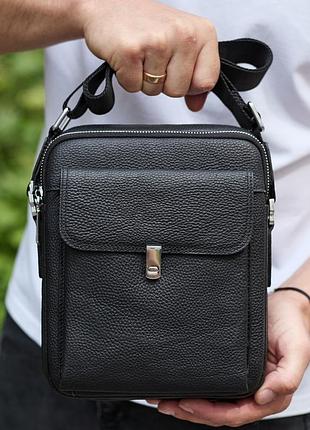 Сумка-барсетка мужская кожаная 24х20х8, компактный мессенджер для ежедневного использования, черная