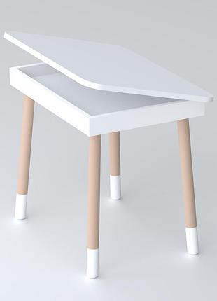 Дитячий дерев'яний столик з відкидним верхом 53×60×45, стіл з нішею в дитячу, білий