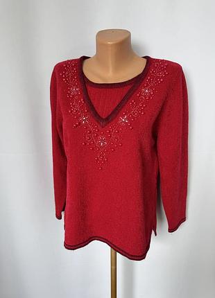 Damart красный джемпер свитер с вышивкой бисером романтичный в винтажном стиле