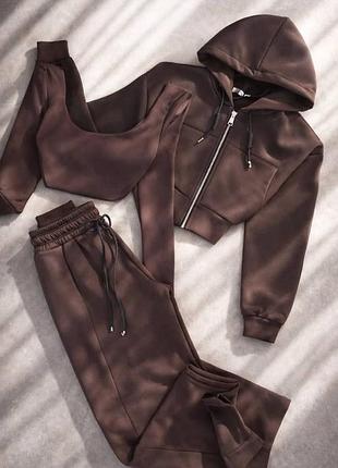 Жіночий повсякденний спортивний трикотажний костюм трійка штани та кофта і топ