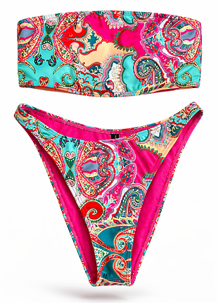 Яскравий роздільний купальник-бандо з ефектним принтом у стилі paisley