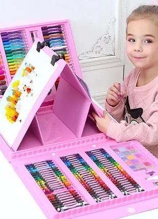 Розовый набор для рисования в чемодане с мольбертом 208 предметов