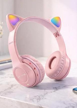 Беспроводные наушники с кошачьими ушками и лед подсветкой cat ear y47 led, bluetooth наушники с микрофоном розовый