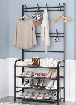 Железная вешалка для одежды + подставка для обуви, 2 в одном, 4 полки "multi-functional shoe and hat rack" черная