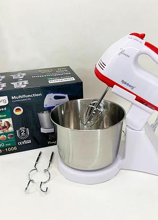Стационарный электрический миксер с чашей rainberg rb-1006 500w с насадками для замешивания теста red