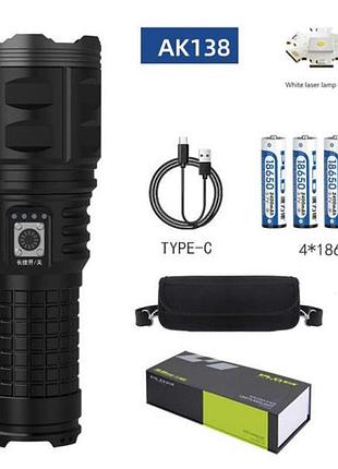 Ручной фонарь police ak138 white laser led pm60-tg с зарядкой usb, работающий от 4х18650 аккумуляторов
