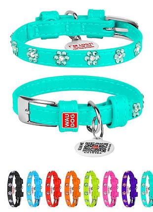 Ошейник для собак кожаный waudog glamour с qr паспортом, с клеевыми стразами "цветы", ш 9 мм, дл 19-25 см ментоловый