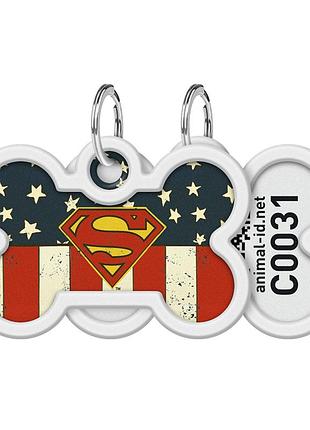 Адресник для собак и котов металлический waudog smart id с qr паспортом, рисунок "супермен америка", кость, дл 40 мм, ш 28 мм