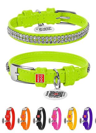 Ошейник для собак кожаный waudog glamour с qr паспортом, с украшением "полотно стразы", xxs, ш 9 мм, дл 19-25 см салатовый