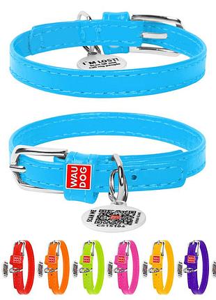 Ошейник для собак кожаный waudog glamour с qr паспортом, без украшений, xxs, ш 9 мм, дл 19-25 см голубой