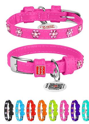 Нашийник для собак шкіряний waudog glamour з qr паспортом, з клейовими стразами "квіти", ш 9 мм, дов 19-25 см рожевий