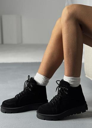 Женские ботинки демисезонные из натуральной замши цвет черный подкладка мех весна осень зима