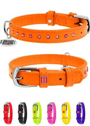Нашийник для собак шкіряний waudog glamour з qr паспортом, з клейовими стразами, ш 15 мм, дов 27-36 см помаранчевий