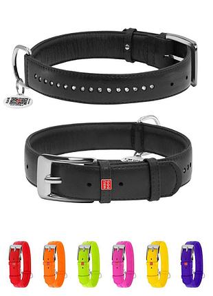 Ошейник для собак кожаный waudog glamour с qr паспортом, двойной со стразами, s, ш 15 мм, дл 27-36 см черный
