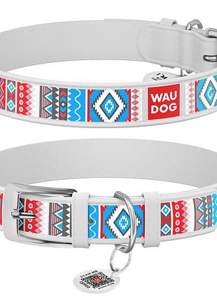 Нашийник для собак шкіряний waudog design з qr паспортом, малюнок "етно", xl, ш 35 мм, дов 46-59 см, білий