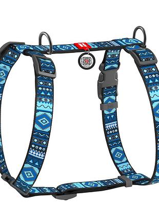 Шлея для собак анатомічна h-подібна waudog nylon з qr-паспортом, малюнок "етно синій", пластиковий фастекс, l, ш 25 мм, а 52-88, в