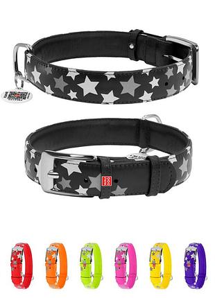 Нашийник для собак шкіряний waudog glamour з qr паспортом, візерунок "зірочка", світлонакопичувальний/світловідбивний, xl, ш 35