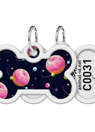 Адресник для собак і котів металевий waudog smart id з qr паспортом, малюнок "всесвіт пончиків", кістка, д 40 мм, ш 28 мм
