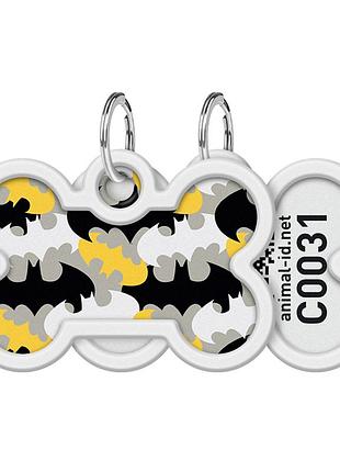 Адресник для собак і котів металевий waudog smart id з qr паспортом, малюнок "бетмен візерунок", кістка, д 40 мм, ш 28 мм