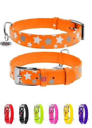 Нашийник для собак шкіряний waudog glamour з qr паспортом, візерунок "зірочка", світлонакопичувальний/світловідбивний, l, ш 25 мм,